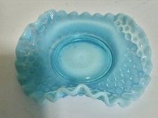 Vintage Fenton Blue Opalescent Hobnail Ruffled Candy Dish Bowl Mid Century Glass