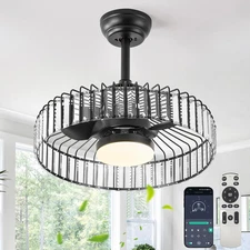 20 Inch Black Caged Ceiling Fan with Light, Crystal Fandelier Bladeless Ceiling