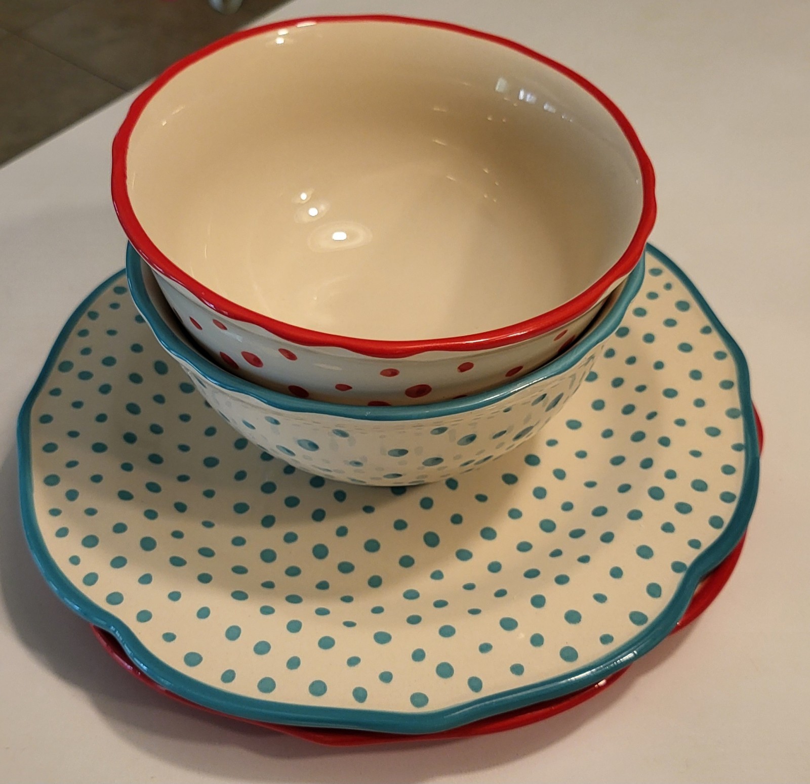 Pioneer Woman Retro Dot/Teal/Red Dinner Plate And Soup Bowl Set Of 2