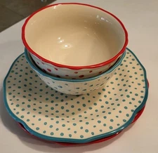 Pioneer Woman Retro Dot/Teal/Red Dinner Plate And Soup Bowl Set Of 2