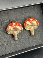 Magical Mushroom VTG Red White Gold Enamel Pair VTG Pins Old Scratched Cool