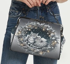 Silver Christmas Wreath Ocelots Holiday Shoulder Cross Body Hand Bag Satchel