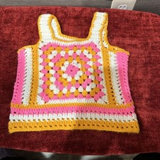 Hand Crochet Sweater Vest Tank Top Small Knit Granny Square Vtg Style Festival