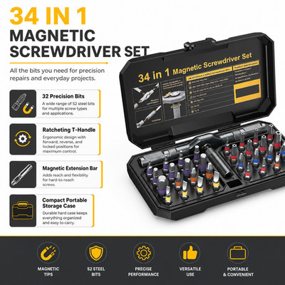 34 in 1 Magnetic Ratchet Screwdriver Set Precision Bits Repair Tool Kit with Cas