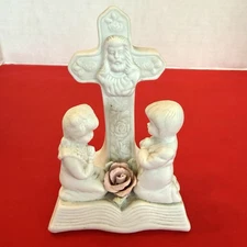 VTG Cross Crucifix ceramic White 5.5" Praying children Jesus Bisque porcelain