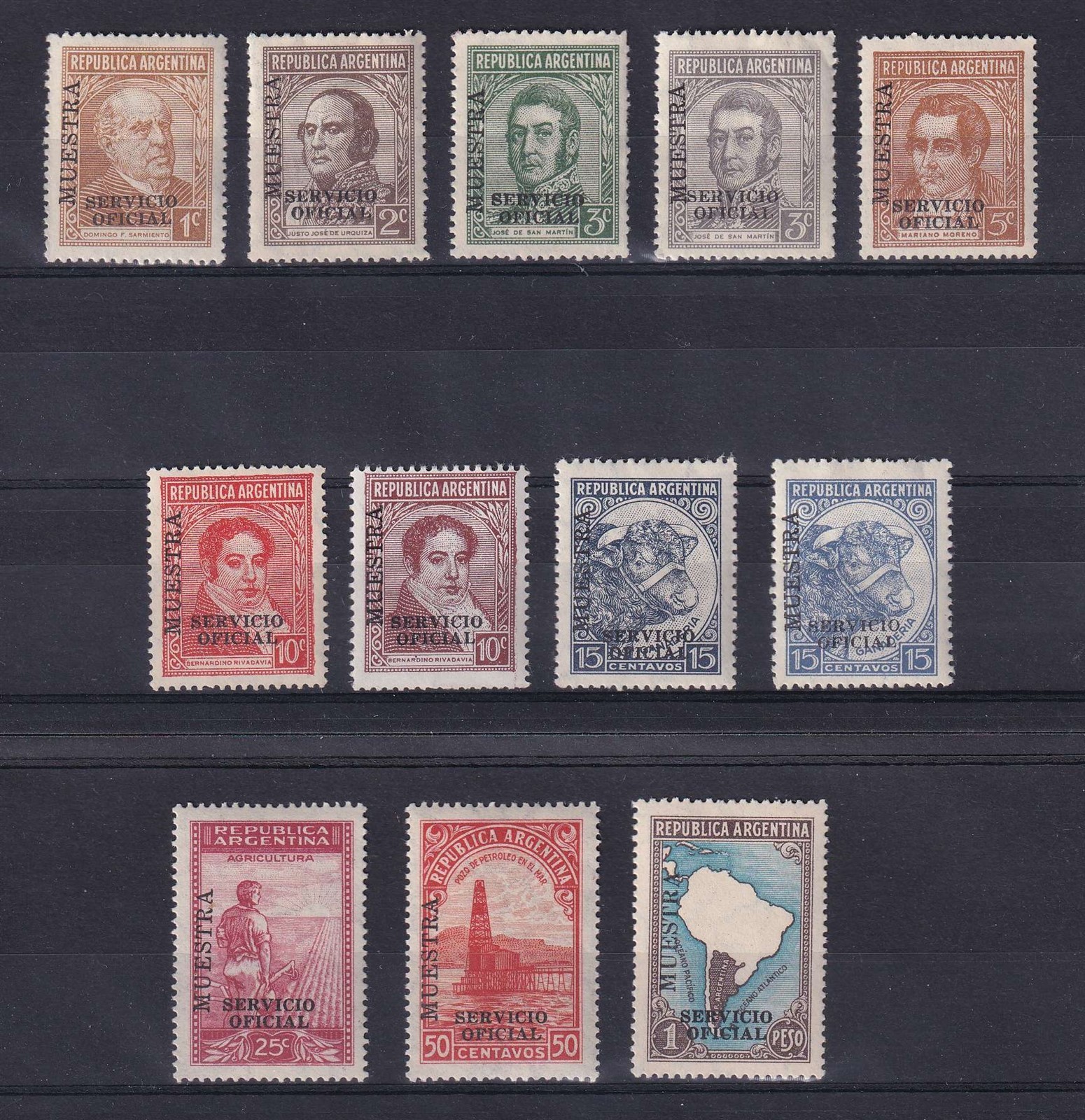 ARGENTINA 1938-54 OFFICIAL Sc O37 thru O52 (12x) OVPTD "MUESTRA" (SPECIMEN) MNH