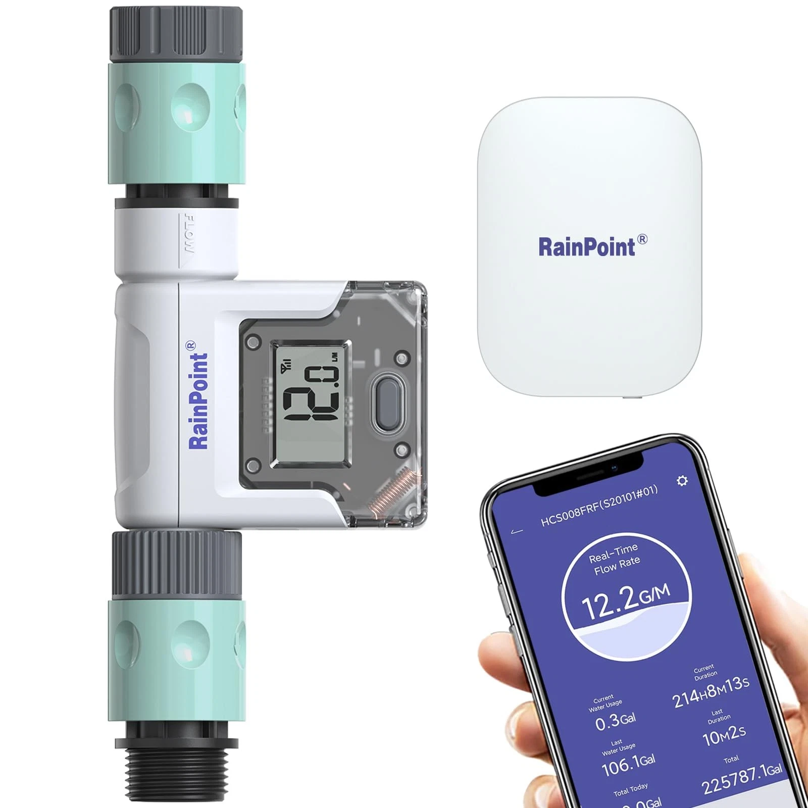 RAINPOINT Smart Garden Hose Water Flow Meter with Real-Time Usage & Gateway Hub