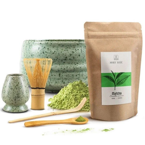 Matcha Tee Set Pulver Qualität 100g Bambus Besen Löffel Schale Grün 500ml