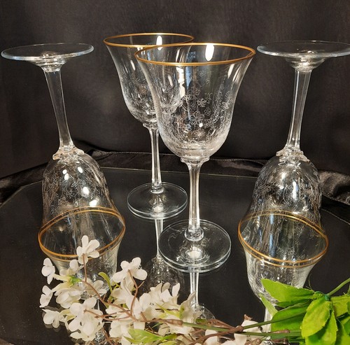 Juego de 4 copas de agua/vino Lenox FONTAINE grabado con aguja margaritas borde dorado - Imagen 4 de 6