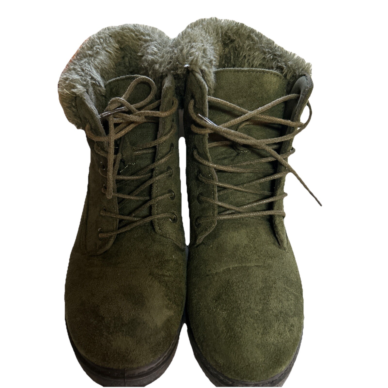 Rebel Boots Army Green Suede Ladies Size 10 Faux Fur Lined Lace Up Gorpcore