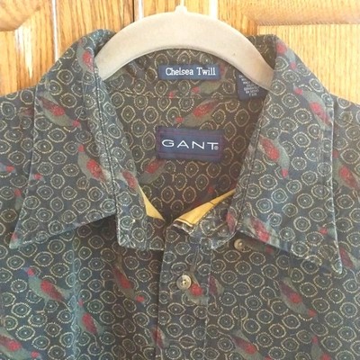 Gant Vtg Chelsea Twill Men Button Down Shirt Green Rare Pheasant Bird Print  XL