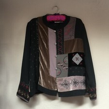 Chico's Women Silk Velvet Patchwork Cardigan Jacket Size 2 Lagenlook Art To Wear