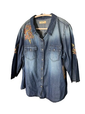 Ruff Hewn Denim Shirt Size XL Button Dwn Pearl Buttn Embroidered Floral Womens