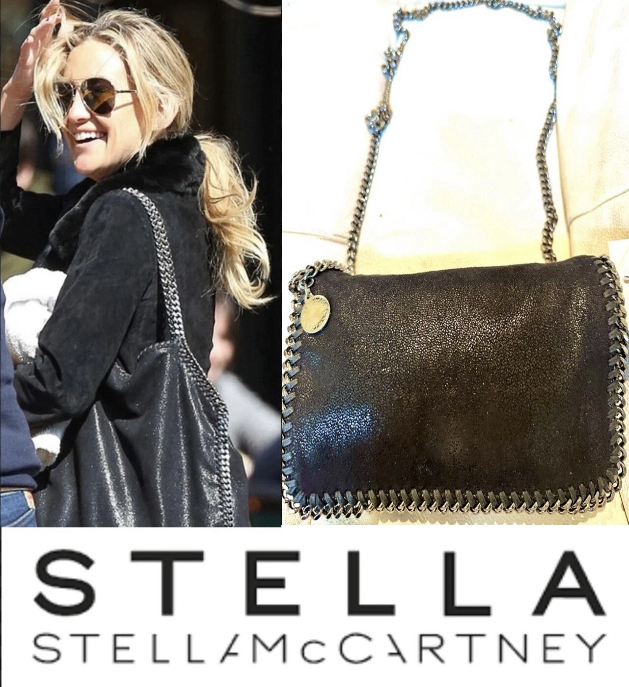 Stella McCartney — Stella McCartney Falabella 2014 Crossbody Chain Black shimmer Shoulder Bag Purse