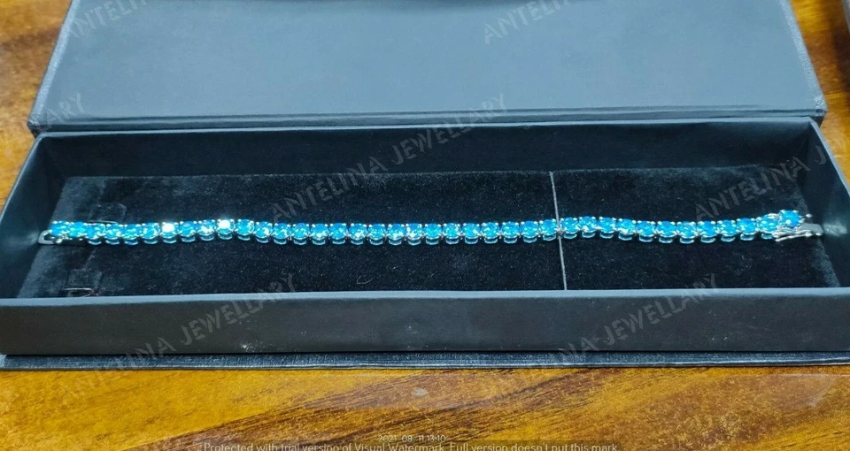Brazalete Tenis 8 CT Corte Redondo Topacio Azul Londres Acabado Oro Blanco 14k Regalo Tachuelas Foto 3 de 4