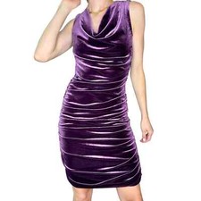 Vintage Davina Velvet Ruched Purple Mini Sleeveless Dress Small