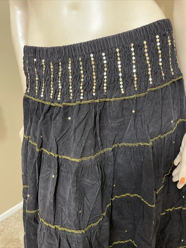 Women’s Black Cotton Casual Boho Beaded Ruffle Hippie Velvet Size S Skirt - Picture 3 of 11