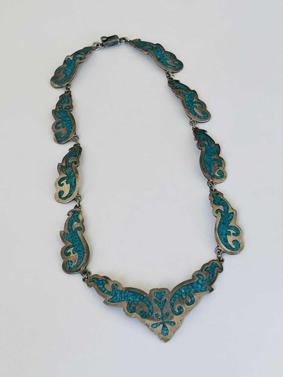 VINTAGE TAXCO MEXICO STERLING SILVER TURQUOISE INLAY PANEL