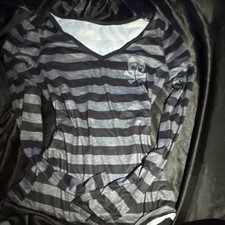 Womens Black/Gray Striped V-Neck Pullover Kni...
