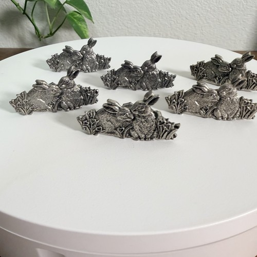 Set of 6 Vintage Metzke Pewter Bunny Rabbits Napkin Rings Napkin Holders