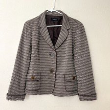 Talbots Brown  Ivory Wool Blend Dark Academia Chevron Tweed Blazer Size 12