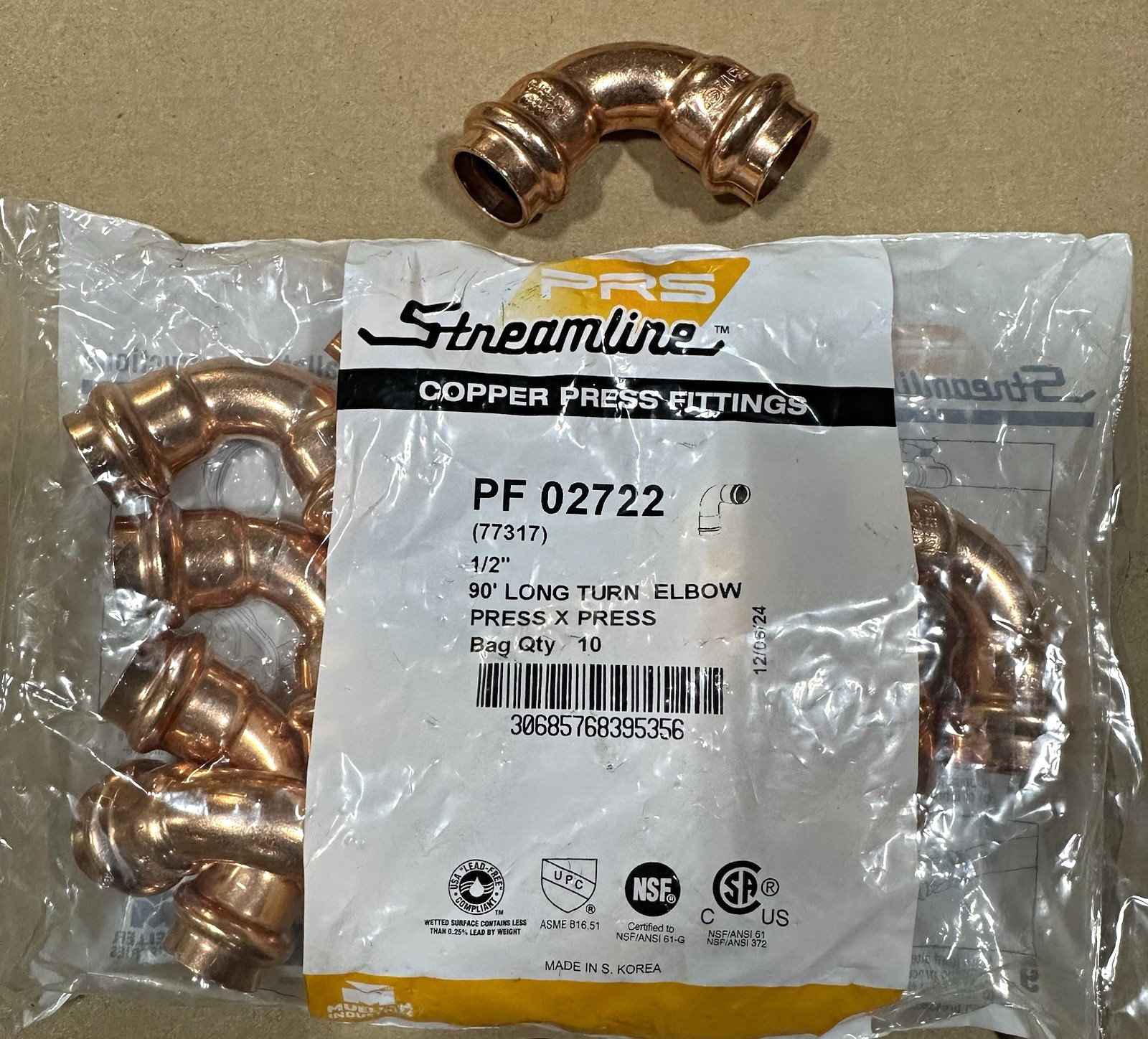Streamline PF 02722 1/2" 90° Long Turn Copper Elbow Press x Press Fitting