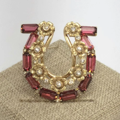Vintage Eisenberg Original Sterling Vermeil Ruby Red Horseshoe Brooch RARE