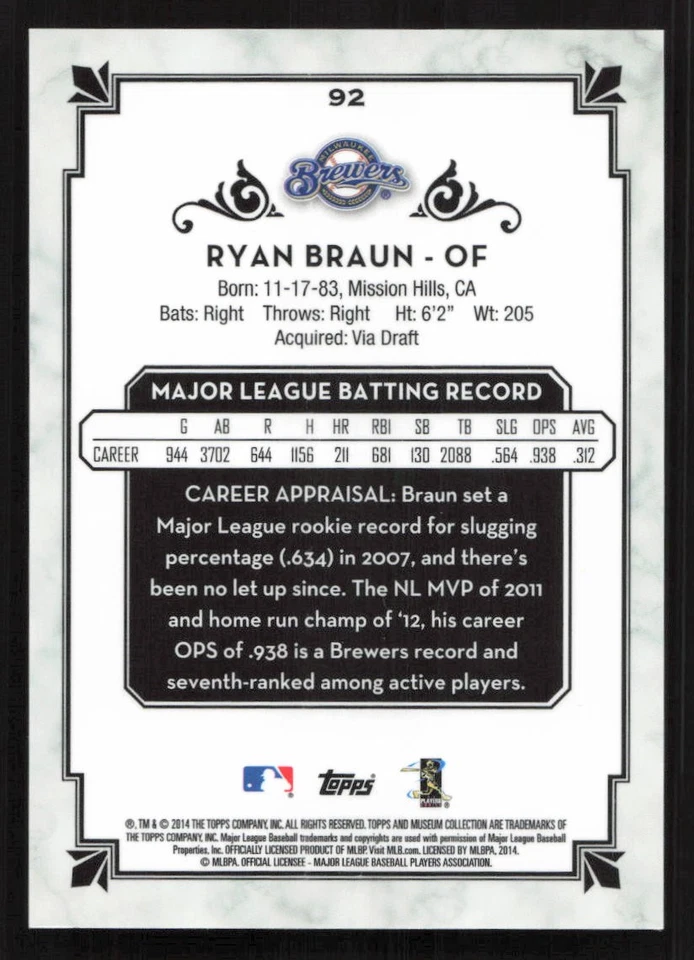 2014 Topps Museum Collection Ryan Braun #92 Card - Image 2 of 2
