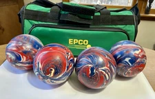 Vtg Candlepin Balls EPCO Patriotic Red White Blue Swirl Spirit of 76 w/ EPCO Bag