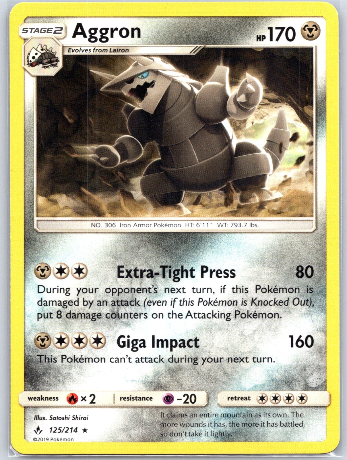 Aggron 125/214 Non Holo SM - Unbroken Bonds Pokemon 2019 Satoshi Shirai NM