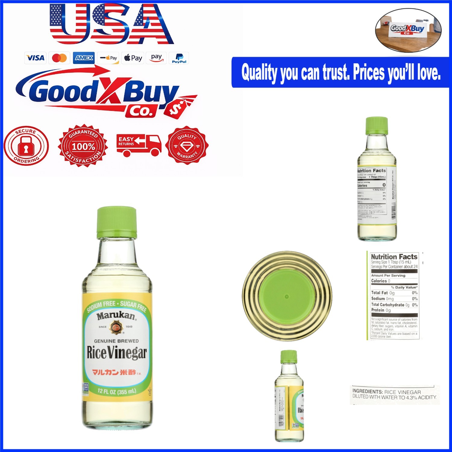 Genuine Brewed Rice Vinegar 12oz Kosher Gluten Free Liquid F