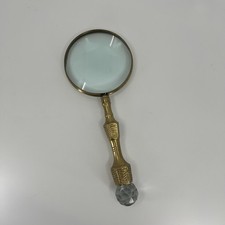 VTG Brass Hand Held Magnifying Glass Ornate Handle Crystal Base 10"x 4"appx