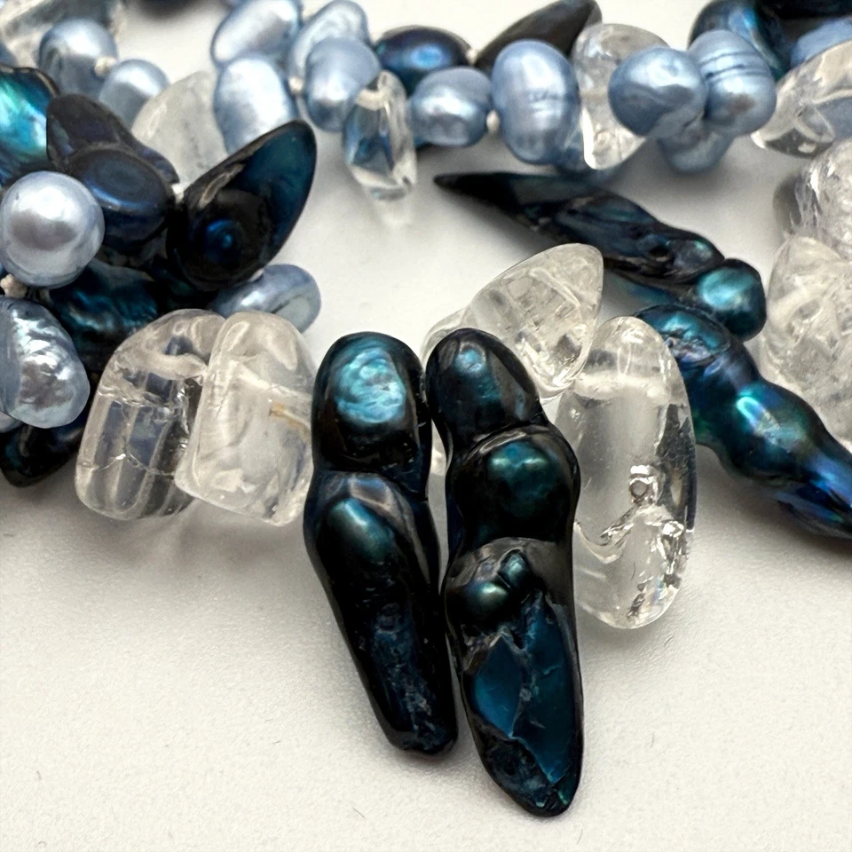 Collar de 3 hilos de vidrio y perlas azul sirena plata 925 palanca declaración océano Foto 3 de 4