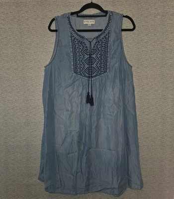 Knox Rose Embroidered Chambray Dress Womens XXL Boho Blue Denim Sleeveless Tunic