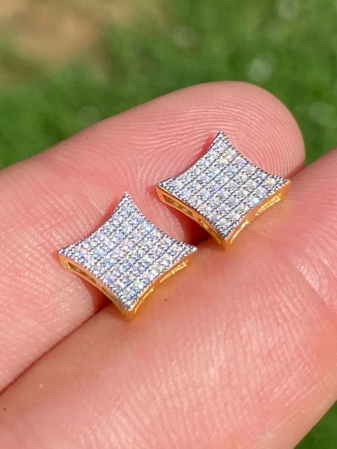 14k Gold Plated Real 925 Sterling Silver CZ Hip Hop Square Kite Earrings Aretes