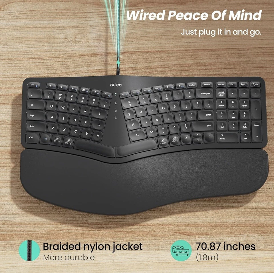 Nulea RT05B Wireless Ergonomic Keyboard, Split Keyboard w/ Cushioned Wrist Rest - Image 3 of 4