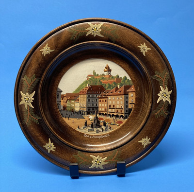 Graz Austria Hauptplatz, Central Square, Hand Painted Wooden Collector Plate