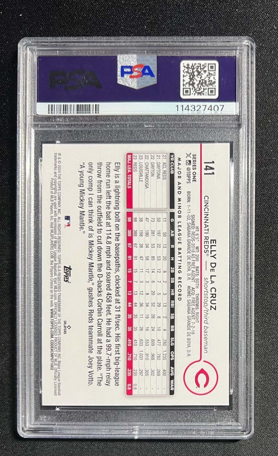 2024 Topps Elly De La Cruz  #141 Yellow Parallel RC Rookie Card PSA 10 Gem Mint view 2