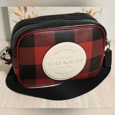 Borsa fotocamera Coach Dempsey stampa a quadri bufalo e toppa Coach tracolla C1550