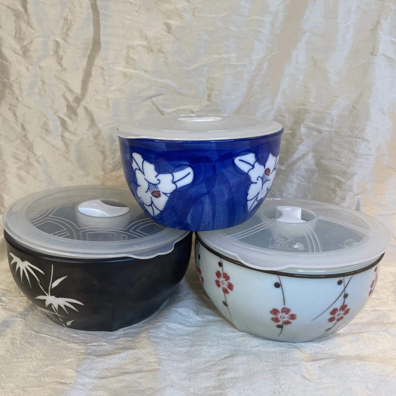 Ceramic Food Storage Bowls with Lids Mixed Patterns Set of 3 Prep/soup/leftovers