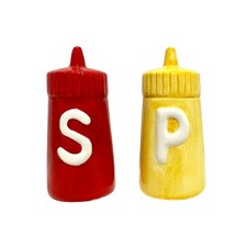 Ceramic Ketchup and Mustard Bottle Salt  Pepper Shakers, Red and Yellow