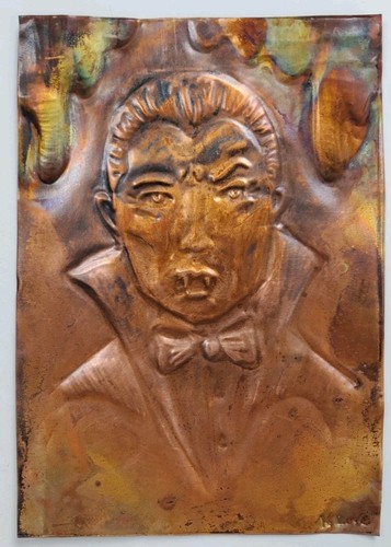 ACEO Soft Copper Relief art card 2.5x3.5 Halloween Vintage Dracula K Love
