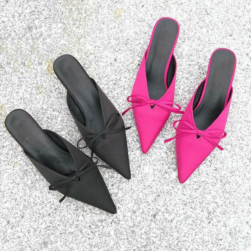 Ladies Kitten Heels Satin Slippers Mules Pointed Toe Bowknot Slip On Shoes  Party | eBay