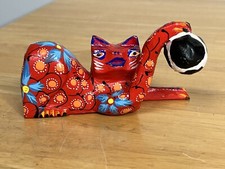 Oaxaca Madera Floral Gato Firmado Arte Popular Mexicano Alebrije Sin Cola Bola Hilo Leer