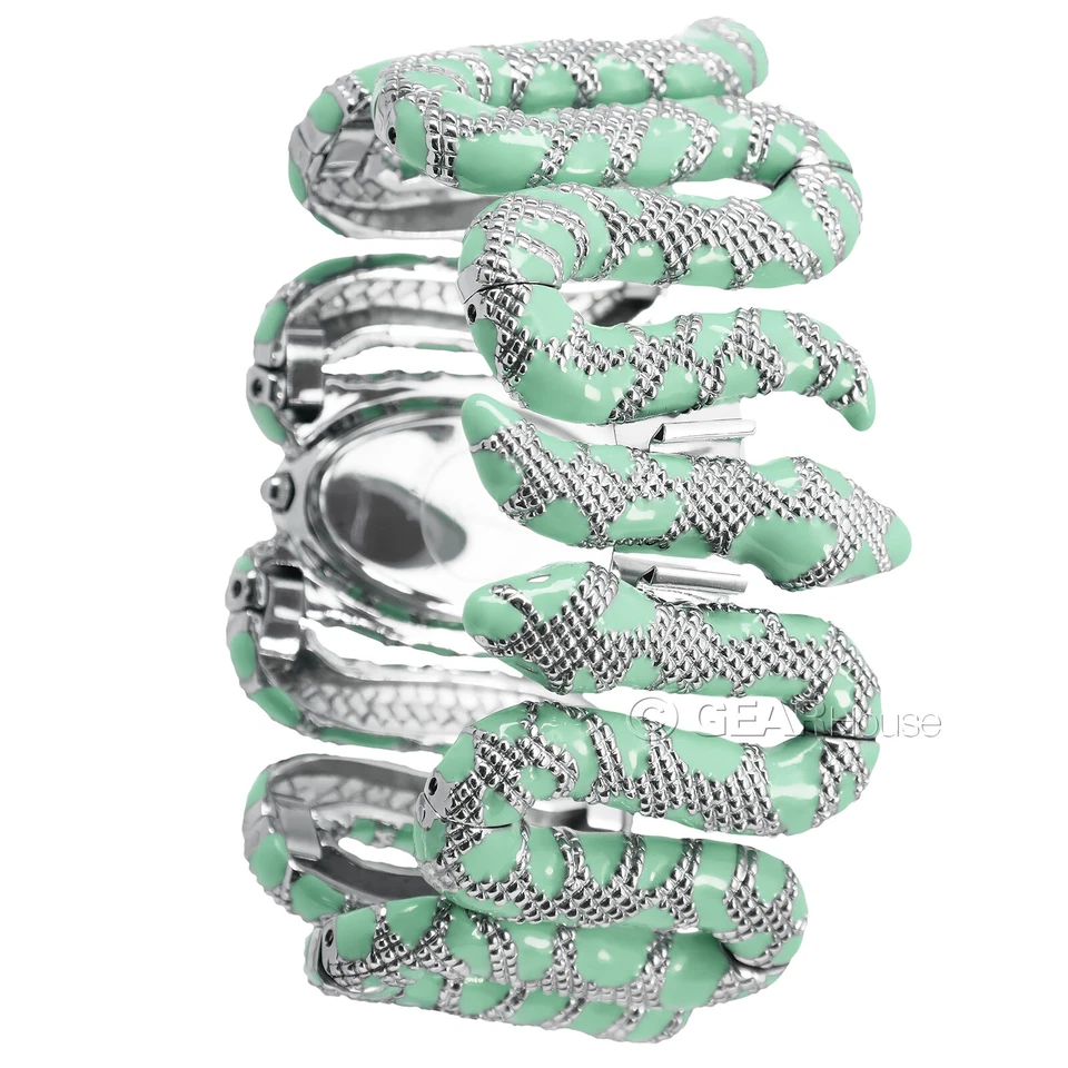 Roberto Cavalli Womens Cleopatra Snake Watch Mint Green Enamel Silver Oval Dial - Image 2 of 4