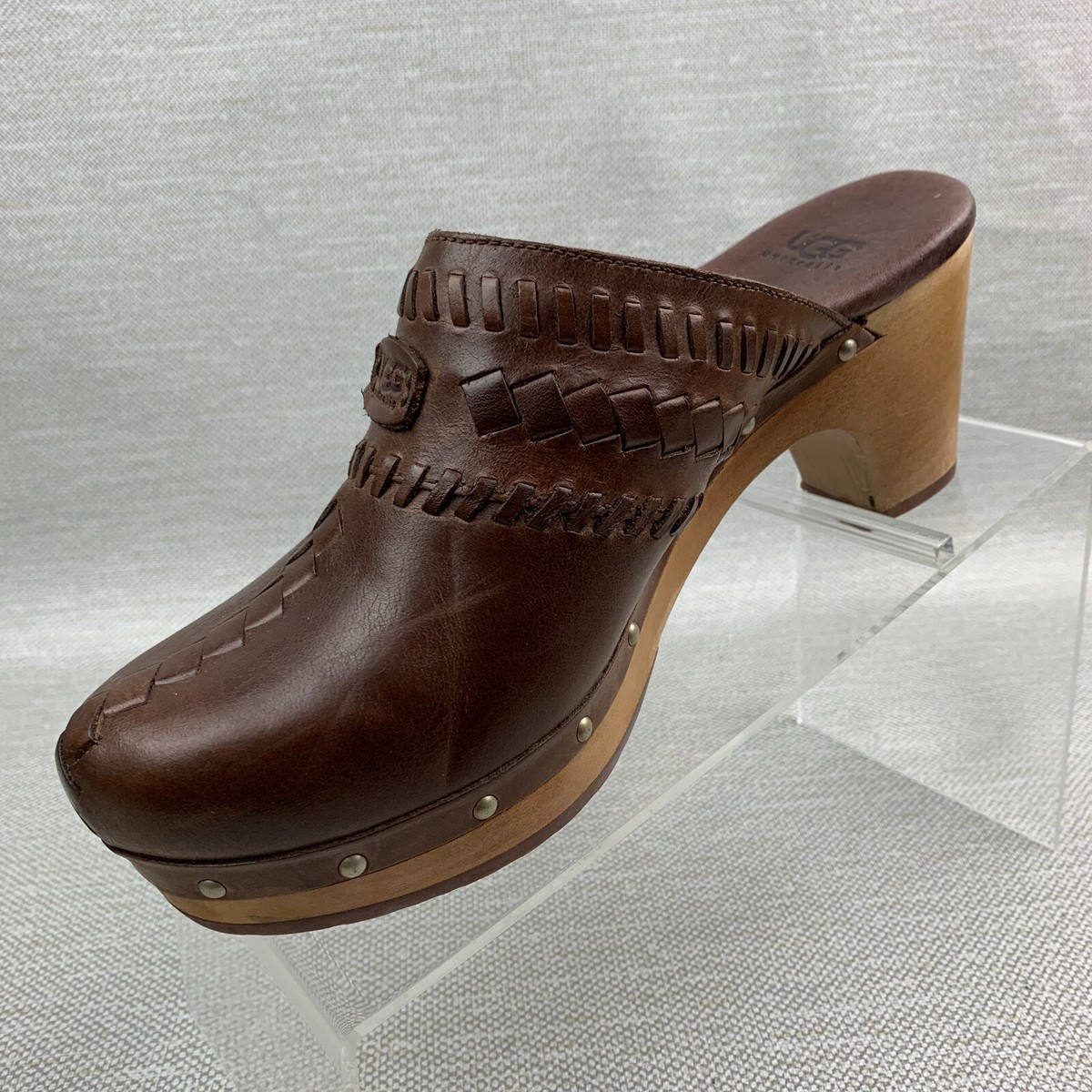 UGG Australia Vivica Mules Woven Brown Leather Stud Platform Block