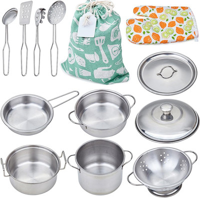 Play Pots and Pans Toys for Kids - Kitchen Playset Pretend Cookware Mini Stainle