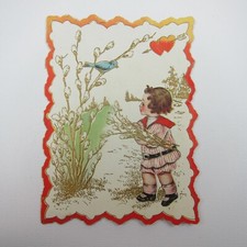 Valentine Card Boy Sailor Suit Blue Robin Bird Embossed Die cut Bifold Antique