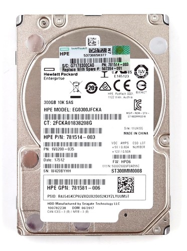 HPE EG0300JFCKA 300GB 2.5" 12Gb/s 10K RPM SAS Hard Drive P/N: 781514-003 Tested