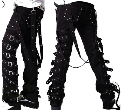 Mens Gothic Bondage Cyber Trousers Black Women Punk EMO Straps Pants